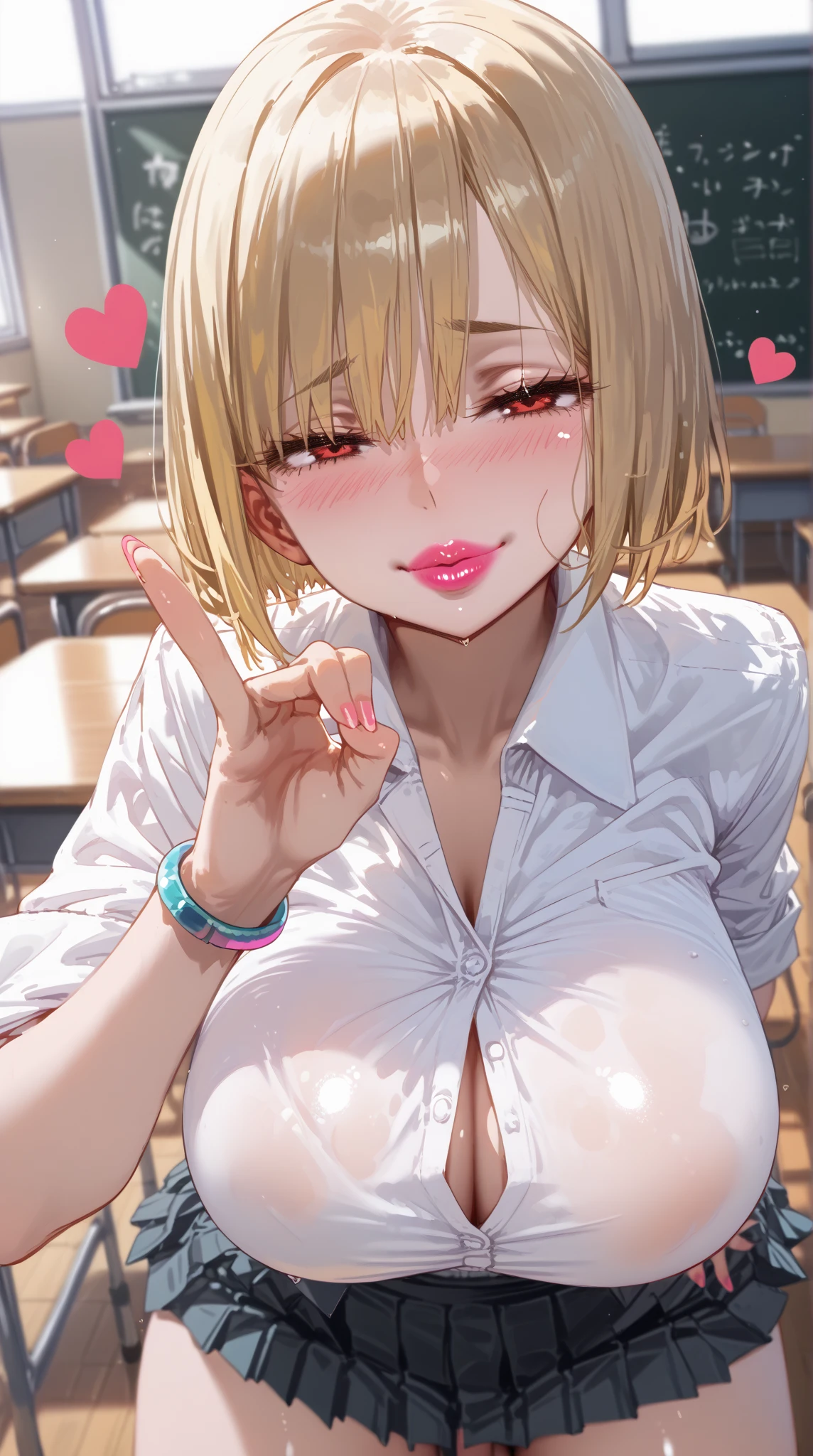 blonde, short hair, girl１, in the School classroom, (upper body), completely nude, (small nipples:1.2), (small areolas:1.2), kawaii, cute, purple eyes,(open white shirt),(shy), (blush),light smile