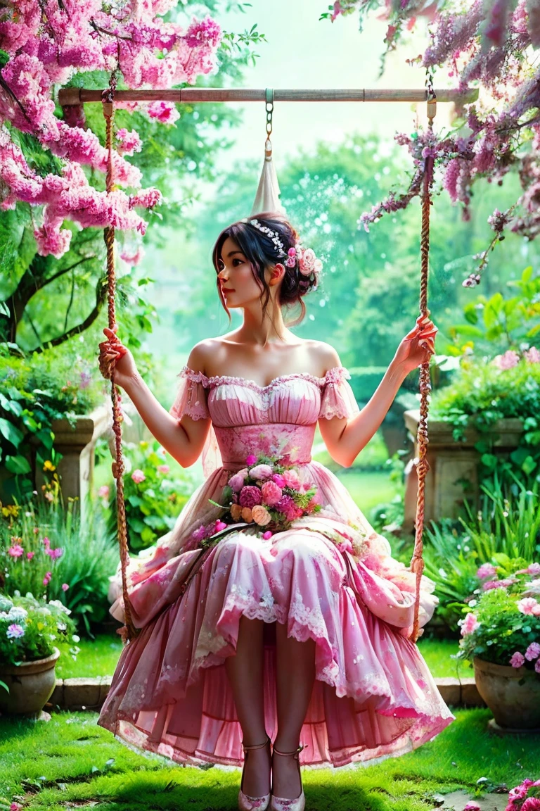 A vibrant rococo scene inspired by Les Hasards heureux de l'escarpolette. A young woman Hta6 00173R in a flowing, opulent pink gown sits on a swing, her posture playful and carefree. Her shoe flies off as she swings, symbolizing freedom and sensuality. Around her, a lush, overgrown garden filled with soft green foliage and blooming flowers creates a dreamy and romantic atmosphere. A hidden admirer in the bushes gazes at her with longing, while another figure behind the swing pushes her higher, adding an air of playful intrigue. The scene is bathed in warm, diffused light, with pastel tones emphasizing the elegance, charm, and whimsy of the rococo aesthetic.