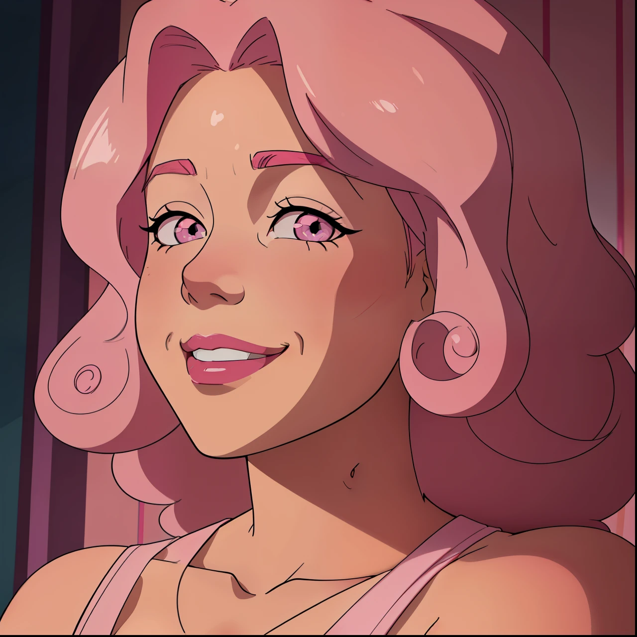 a close up of a woman with pink hair and a pink top, curly pink hair, tight gigantic pink curls, pink tones, glowing pink face, pink hue, pink hues, pink shadows, glowy pink eyes, pastel pink skin tone, pink vibe, with pink hair, pink face, vibrant pink, huge curly pink hair, rose tones, pink girlHD,young people, cartoons, happy, happy, excited, excited, joyful, ((surprise)), carefree, beautiful eyes, cute, smiling face, UWU, happy, proud, ((smiling face)),;3, uwu