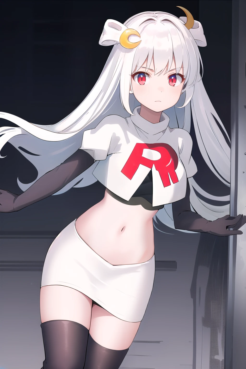 masterpiece, best quality, red eyes, white hair, twintails,ahoge,freckles,black hair ribbons,demon horns, demon tail,team rocket,team rocket uniform,white skirt,red letter R,crop top,black thigh-highs,black elbow gloves, comic strip
