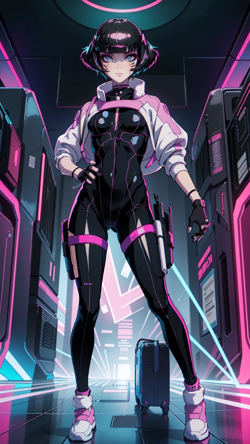 Create an illustration of Sasha from Cyberpunk: Edgerunners. She is a young netrunner with a slender and agile physique, reflecting her hacker lifestyle. Her hair is short, (black hair), messy, and brightly colored, often with neon highlights like electric blue or vibrant pink. Her (blue eyes) have a sharp, tech-enhanced glow, hinting at cybernetic implants. Sasha wears a sleek, tactical bodysuit designed for mobility and stealth, primarily in shades of black and dark gray, accented with neon lines that pulse softly with her netrunning activity. She also sports a high-tech visor or goggles over her eyes, loaded with digital HUD displays. Her gloves are fingerless, exposing cybernetic fingertips perfect for interfacing with technology. Completing her look are combat boots and a utility belt filled with small hacking tools and gadgets. The overall vibe is a mix of futuristic hacker aesthetic and street-smart edge, blending style and functionality. walking on the floor, with pink shoes, dinamic poses