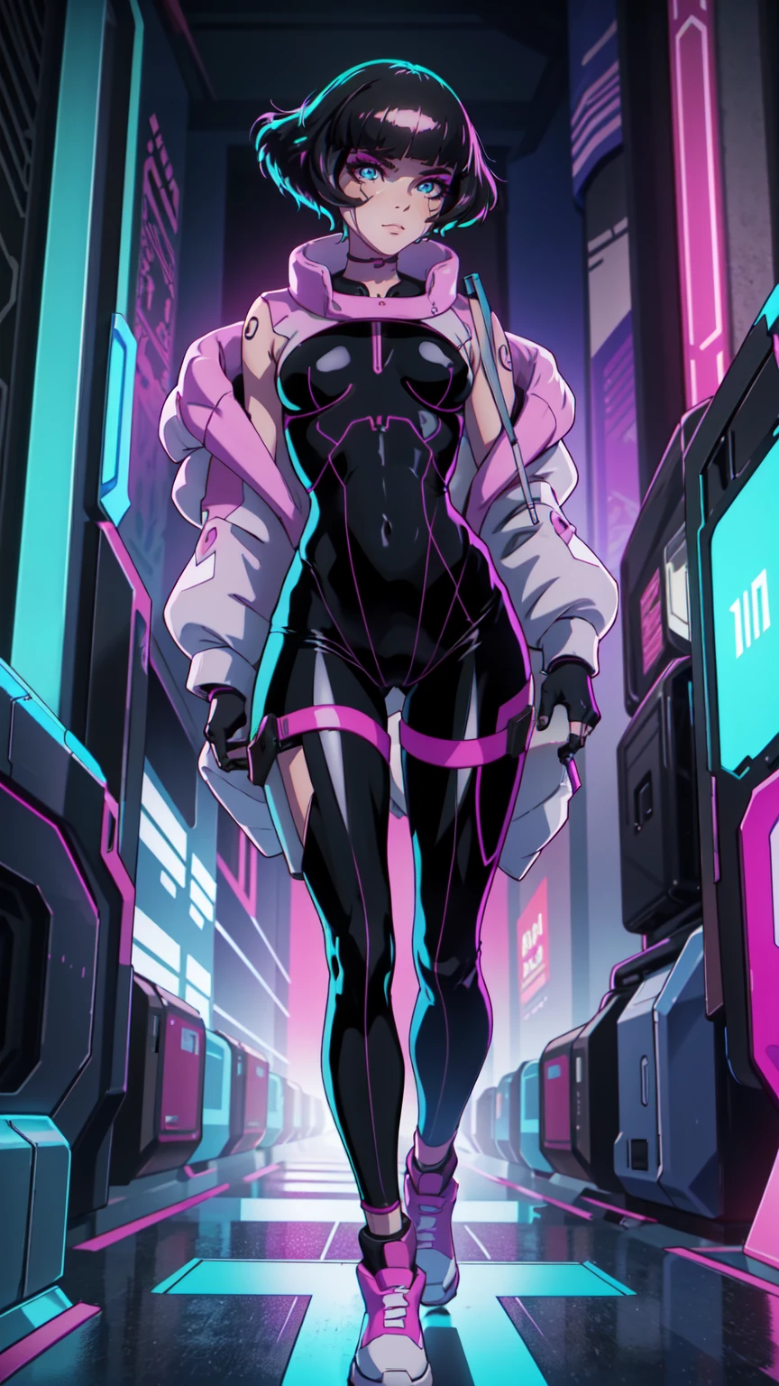 Create an illustration of Sasha from Cyberpunk: Edgerunners. She is a young netrunner with a slender and agile physique, reflecting her hacker lifestyle. Her hair is short, (black hair), messy, and brightly colored, often with neon highlights like electric blue or vibrant pink. Her (blue eyes) have a sharp, tech-enhanced glow, hinting at cybernetic implants. Sasha wears a sleek, tactical bodysuit designed for mobility and stealth, primarily in shades of black and dark gray, accented with neon lines that pulse softly with her netrunning activity. She also sports a high-tech visor or goggles over her eyes, loaded with digital HUD displays. Her gloves are fingerless, exposing cybernetic fingertips perfect for interfacing with technology. Completing her look are combat boots and a utility belt filled with small hacking tools and gadgets. The overall vibe is a mix of futuristic hacker aesthetic and street-smart edge, blending style and functionality. walking on the floor, with pink shoes, dinamic poses