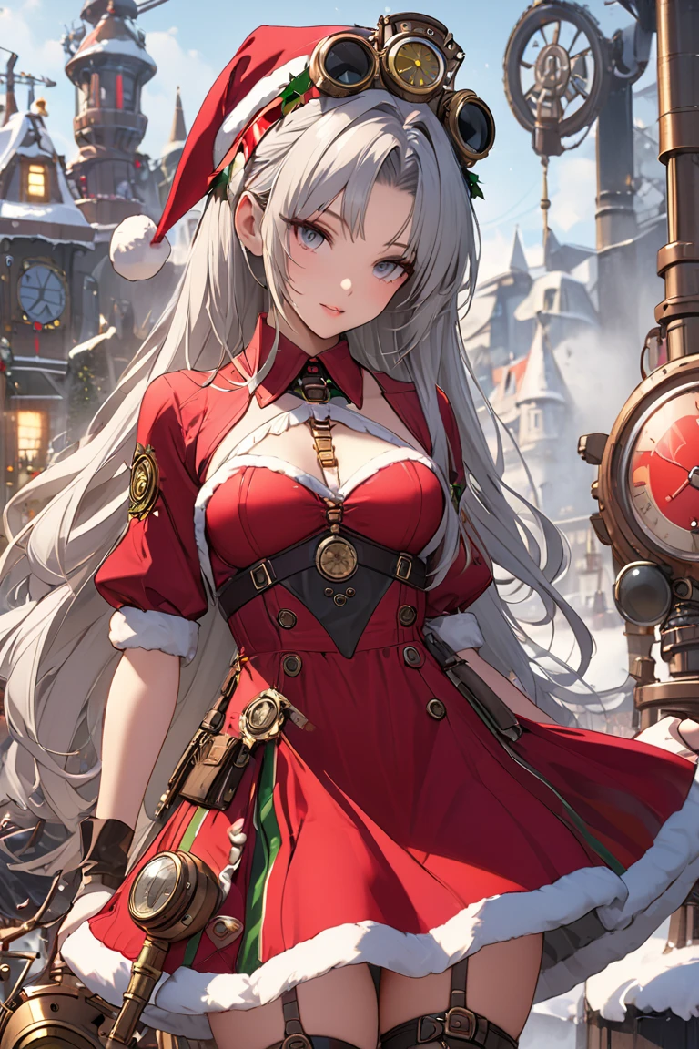 Sexy in a Christmas dress in a super detailed Steam Punk world