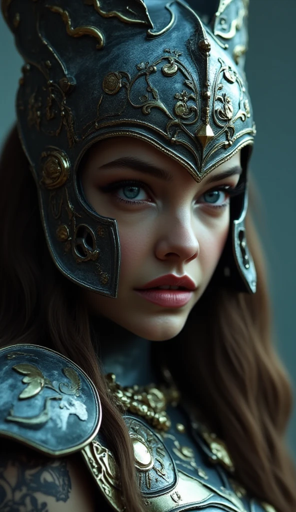 Portrait photo ultra réaliste d'une belle femme latine avec un casque de Valkyrie, d'environ 30-35 ans. Cheveux bruns, légèrement ondulés, yeux vert-marron clair, charismatique et épique. Avec une expression sur le visage de vengeance.