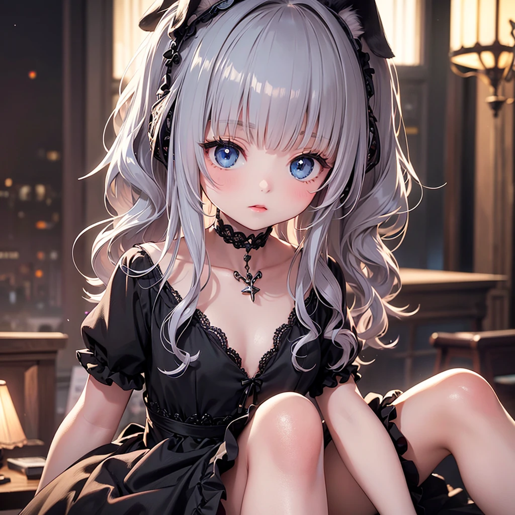 silver hair, dog ears,frill dress,wavy hair,delicate features quiet gaze,beautiful half body illustration,beautiful backgraund,atmospheric lighting,sharp focus,cute face,reduce saturation,fine detailed face,small nose and mouth,volumetric top lighting,bold line painting, soft shadow,1girl,solo,female focus,small breasts,flat tits,Lolita,short height,skinny girl,blue eyes,open legs,animal ears,
