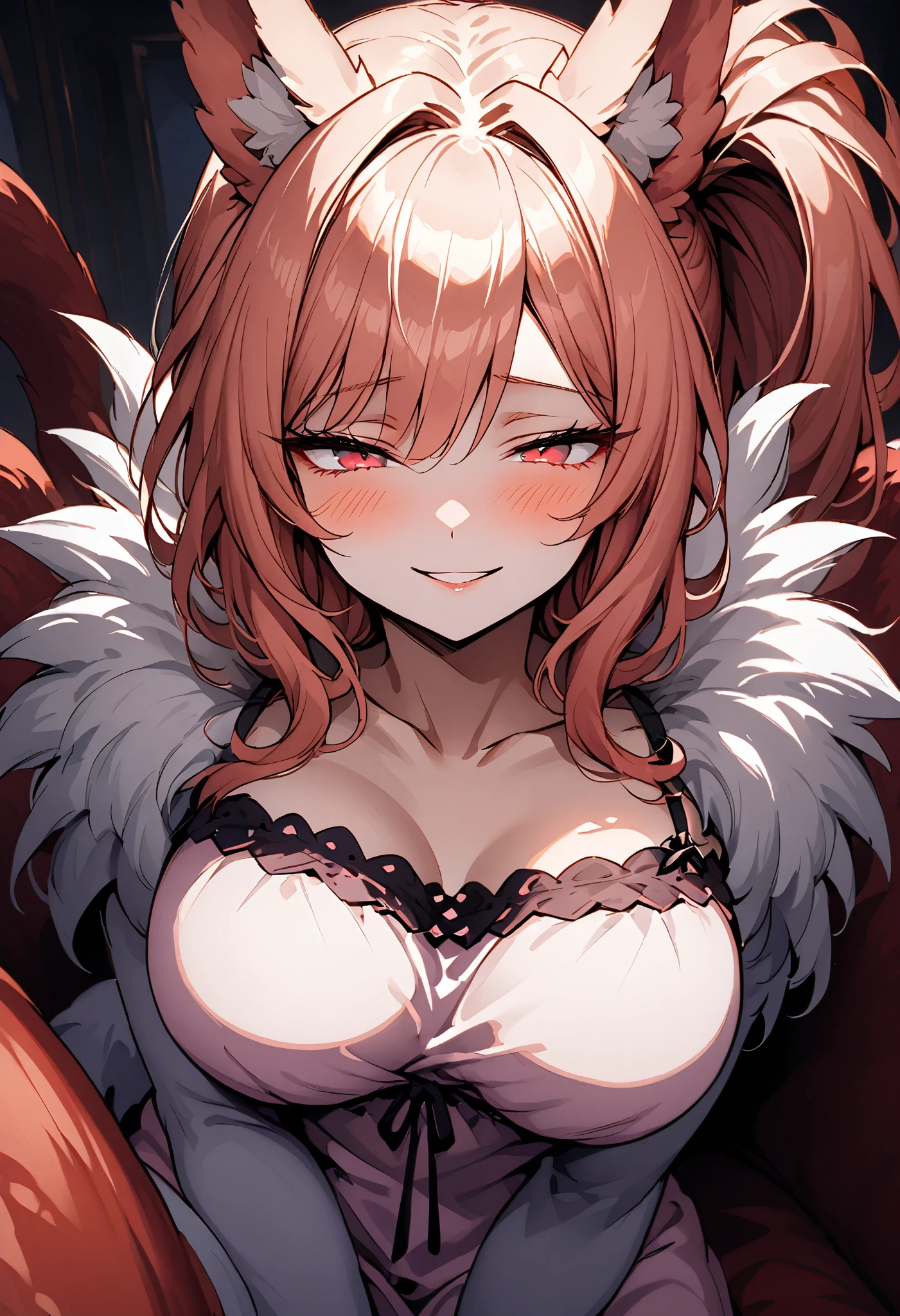 solo, close up, female, huge female, 7 foot tall, wide smile, friendly, red eyes, light red hair, long wavy hair, side-ponytail, neat straight hair, ManticoreMGE, monster girl, prehensile tail, animal ears, broad shoulders, muscular, slightly bulky body, fur, wings, claws, very large breasts, gazing at viewer, close-up, indoors, loving gaze, blush, extremely tall:1.3, victorian, living room, nightie, sitting on couch, cuddling, approaching, perspective, half-closed eyes, looking down, aroused, arm towards viewer