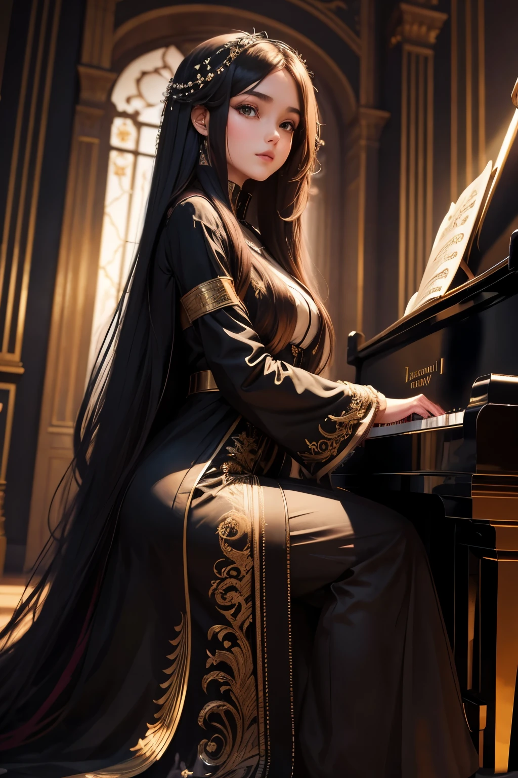 Beautiful long-haired girl in shiny black , bermain Piano,  in towering terpi with beautiful scenery and glamorous lighting