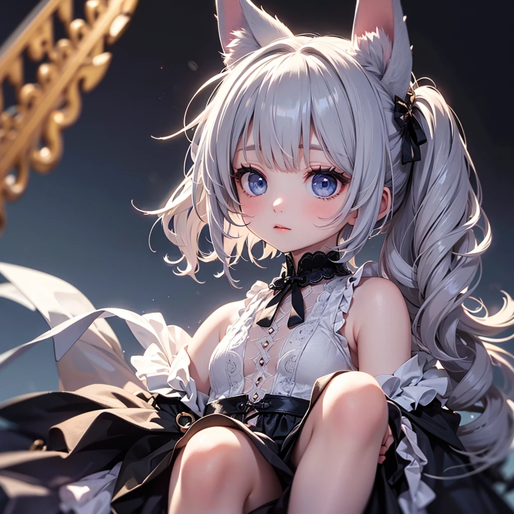 silver hair, dog ears,frill dress,wavy hair,delicate features quiet gaze,beautiful half body illustration,beautiful backgraund,atmospheric lighting,sharp focus,cute face,reduce saturation,fine detailed face,small nose and mouth,volumetric top lighting,bold line painting, soft shadow,1girl,solo,female focus,small breasts,flat tits,Lolita,short height,skinny girl,blue eyes,open legs,animal ears,
