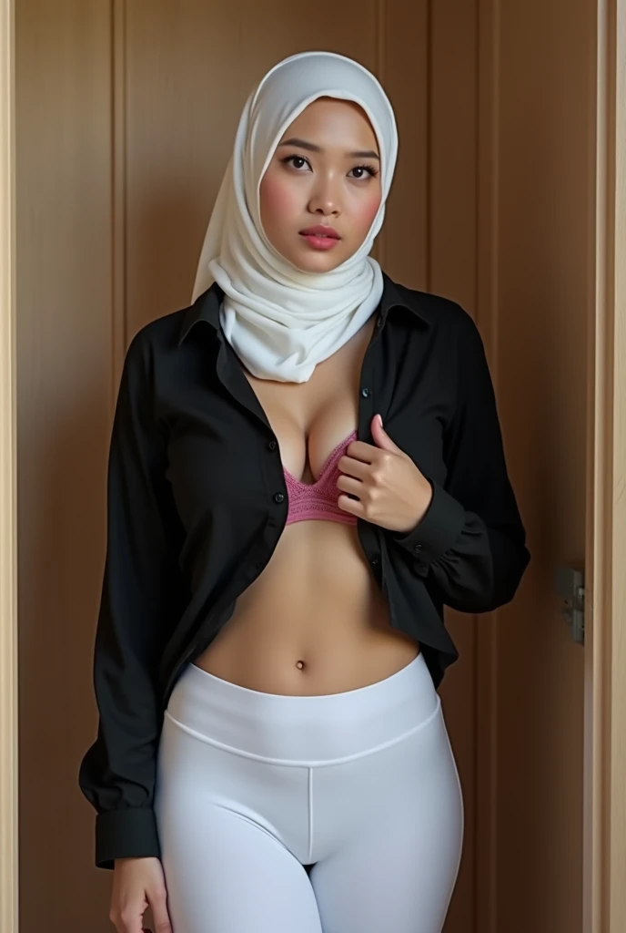 RAW, Best quality, high resolution, work: 1.3), Beautiful Malay woman in hijab , Stunning malay girl,Highly detailed CG Unity 8k wallpaper, top quality, super detailed, masterpiece, realistic, photorealistic, highly detailed cute girl, 50 years old, sweaty skin, blush, parted lips, round eyes, big breasts, bun_head , ((erect, emerge, streak)), waist shot, ((wide hips, thick thigh, protruding ass)), perfect hourglass figure detailed, naughty face detailed, seductive, fully reserved body, ((tight pink silk exposed body that follows body curve)), ((turtleneck)), sticking body, ((closed hijab)), kneeling and seductive beside on bed