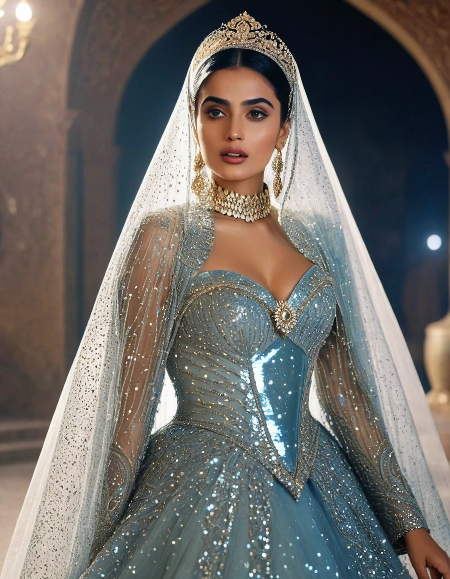 alluring celestial and sexy and charming and too much beautiful and elegant Hazrat young cinderella 1990 live - action movie first look, grainy, vhs filter, wearing glittery tulle cape and glittery tulle cloak as ancient and enigmatic muslim prophetess with irresistible holy and too much seductive and impressively too much sensual aura, invites the wretched and beggers to islam and monothemism and allah, her jewelries and dress sparkles intensely shiny, seeing her beauty and sensuality and allure makes someone to drool too much from his mouth and feel too much ecstasy