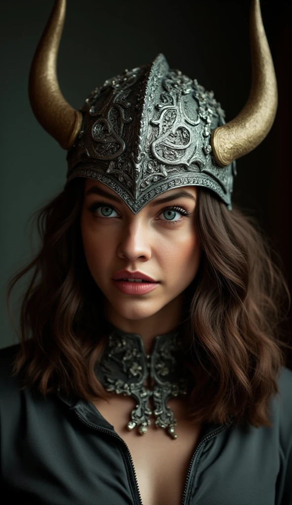 Portrait photo ultra réaliste d'une belle femme latine avec un casque de Valkyrie, d'environ 30-35 ans. Cheveux bruns, légèrement ondulés, yeux vert-marron clair, charismatique et épique. Avec une expression sur le visage de vengeance.