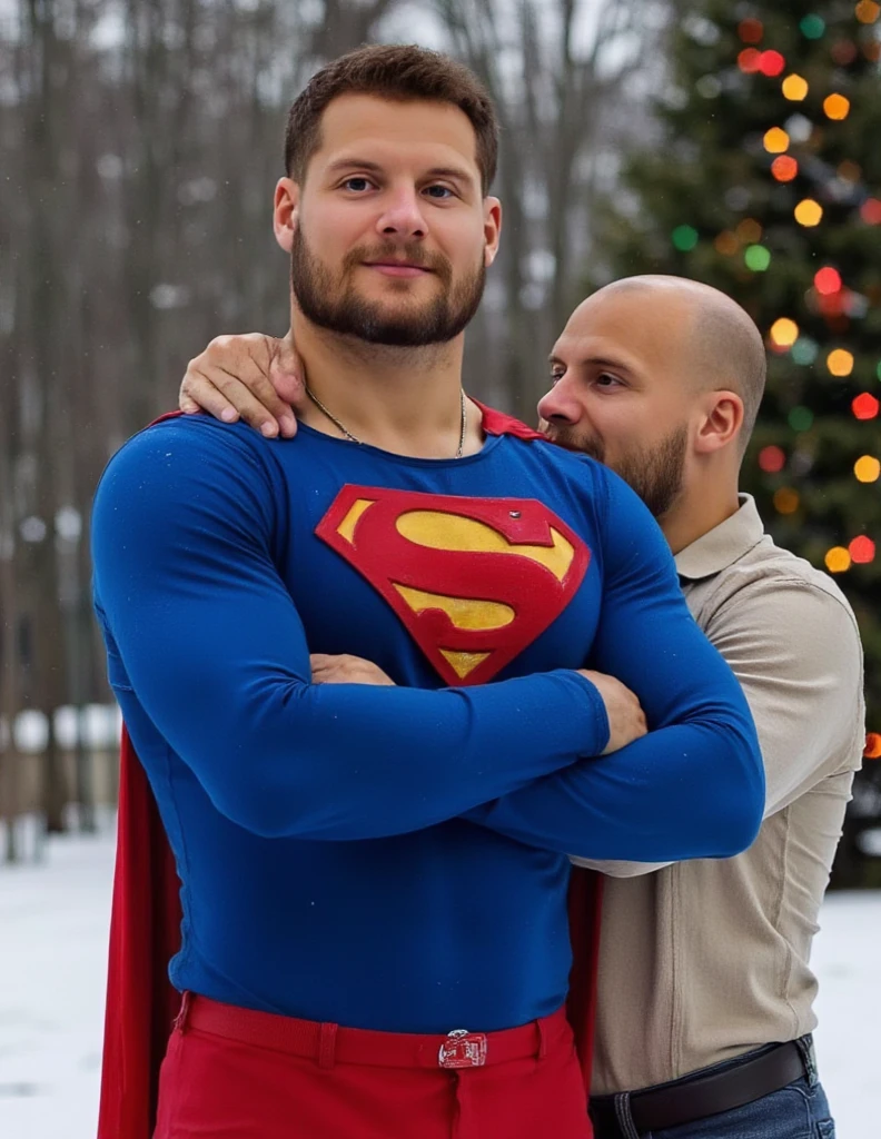 Superman wearing  Blue tight-fitting superman suit, red briefs,Red boots upper body, arms crossed .Superman gives himself to Lex as a Christmas present. Behind superman standing is Lex .Lex is bald man wearing an unbuttoned  white denim shirt, touching Superman's chest with his hands.Superman give Lex a kiss. Lex hugged Superman's head and kissed him deeply .Christmas town in the snow.real.HD,