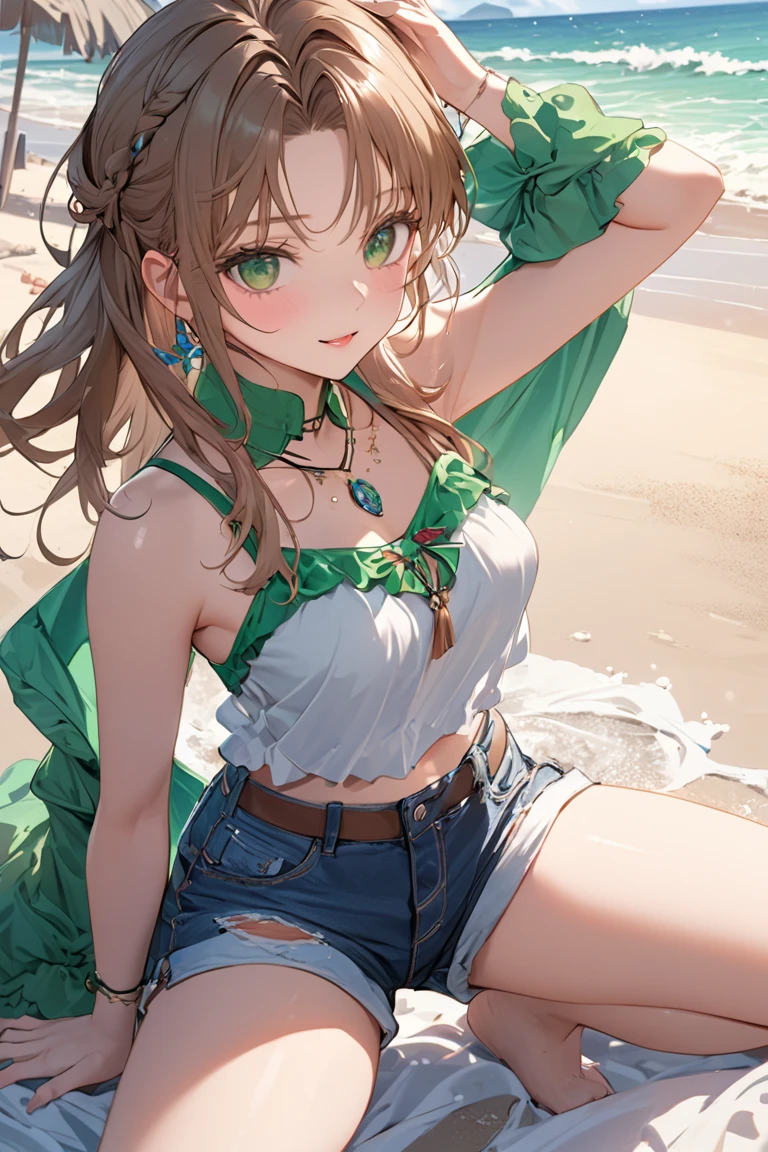 Sexy on the beach with shorts and a green neckline with lots of details making fun poses beautiful super well detailed 