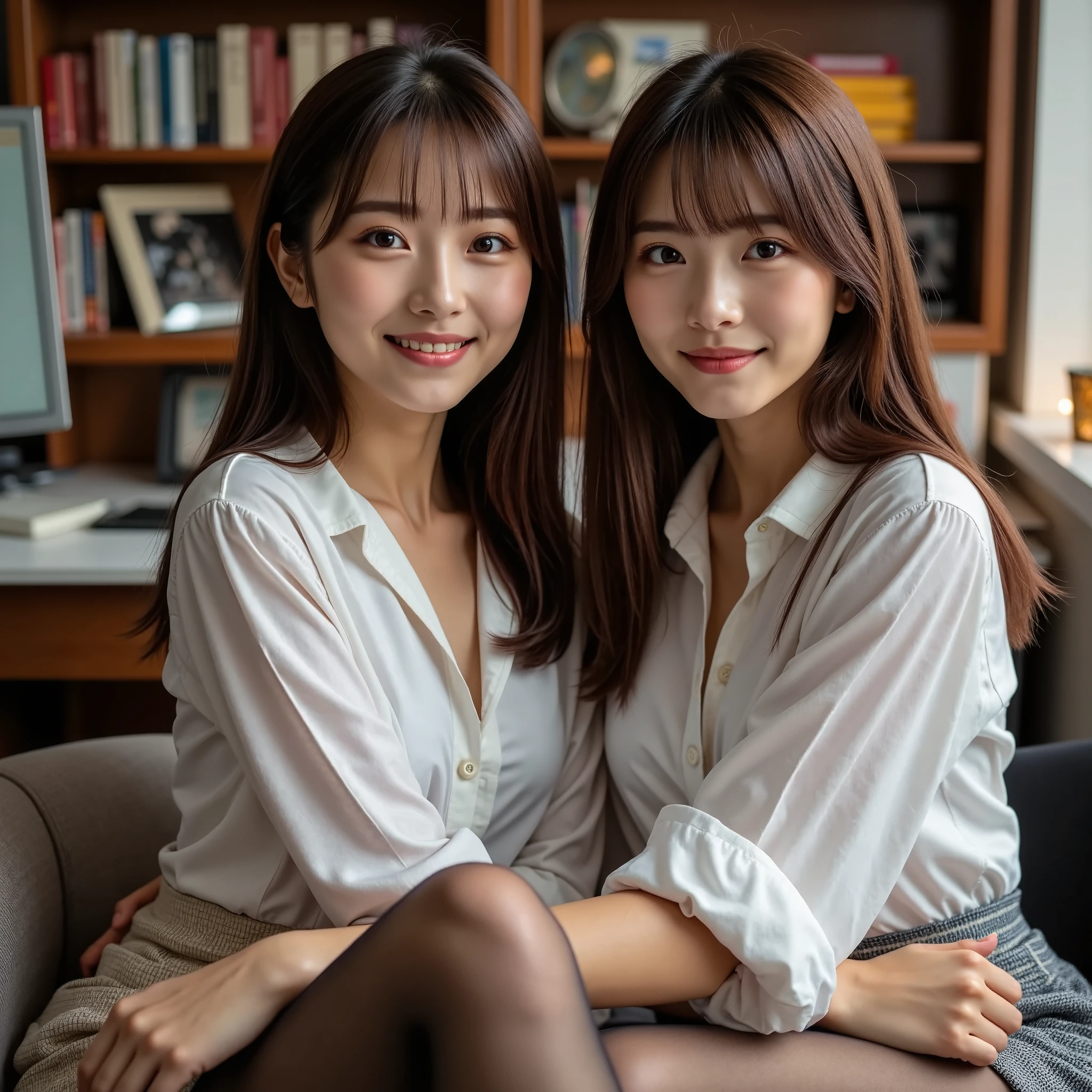 ( happy expression:1.26)、 RAW photo、((( Ultimate Beauty Full Body Photo )))、(( glowing skin ))、1 person、Two beautiful women from Prague、Bright expression、((Brown Hair))、Wear a shirt、 skirt、( pantyhose)、(Up skirt)、、(( very detailedな))、( perfectly detailed face)、( beautiful hands)、 image as pictured 、最 High Quality 、 very detailedな、 film light 、 complicated details、 high res、 very detailed))、 detailed background、8 times、 dslr cameras 、Soft light、 High Quality 、 film grain、 Fujifilm XT3 、 shallow depth of field、natural Soft light、Kamimei、The background is an office Thighs charming smile 、