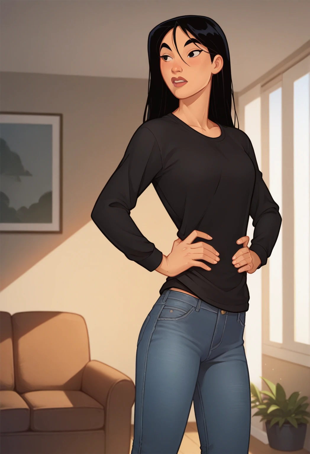 score_9_up, score_8_up, BREAK, MULAN, 1girl, solo, black hair, long hair, black eyes, indoors, black shirt, open jacket, jeans, living room, hands on hips