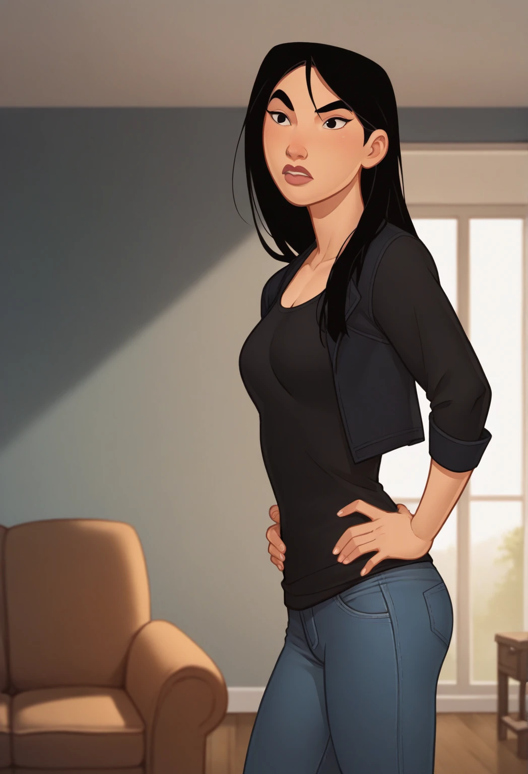 score_9_up, score_8_up, BREAK, MULAN, 1girl, solo, black hair, long hair, black eyes, indoors, black shirt, open jacket, jeans, living room, hands on hips