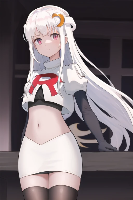 masterpiece, best quality, highres, 1girl hair ornament, team rocket,team rocket uniform, red letter R, white skirt,white crop top,black thigh-highs,black elbow gloves,