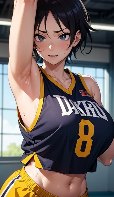 a close up of a person wearing a basketball uniform, a picture, inspired by Kentaro Miura, trending on pixiv, Kugisaki Nobara, Jujutsu Kaisen, wearing yellow nba jersey, yellow croptop nba jersey, wearing a low cut croptop, wearing croptop, croptop, golden raito, (winking), shirobako, large)}], favorite scene, fine details. anime. skins, sweating, big breasts, two hands up, armpits, armpits visible, dripping with sweat, more more sweat