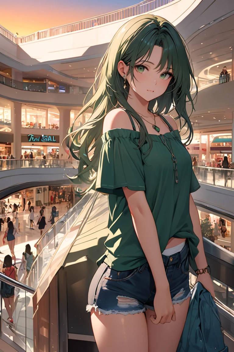 She's sexy with shorts and a green neckline, she's beautiful, super detailed in a mall waiting for 6 in the afternoon to go to see an incredible sunset, and she's very detailed