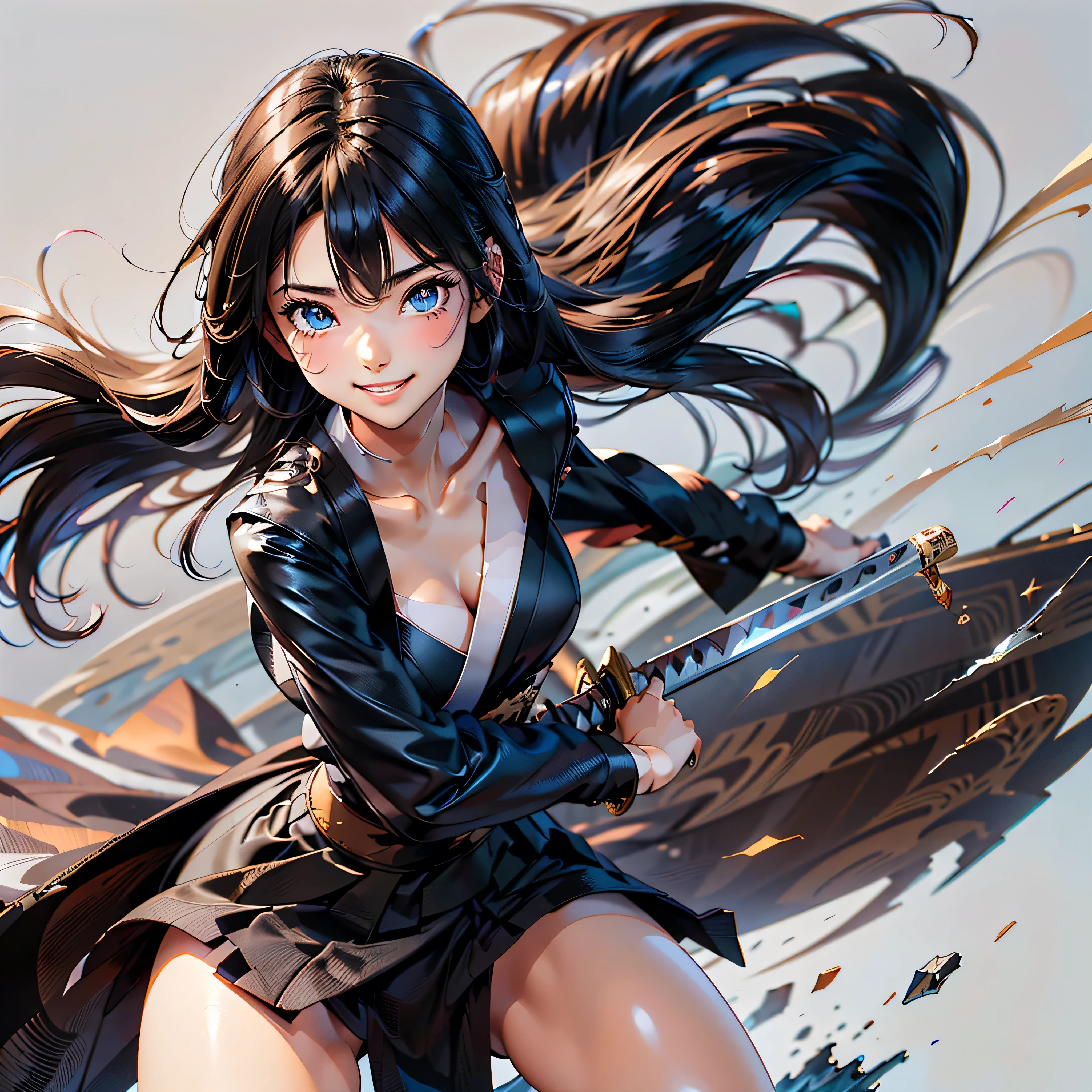 Cute girl, pulled panty, black princess cut hair, brown eyes, japanese ninja coat on shoulder , coat and hair blowing in wind, topless, perfect breasts ,(cool eyes),  grinning face,  simple white  background, white teeth , equipped Japanese sword on back, put on silver metal bandana , ready to draw sword pose, 