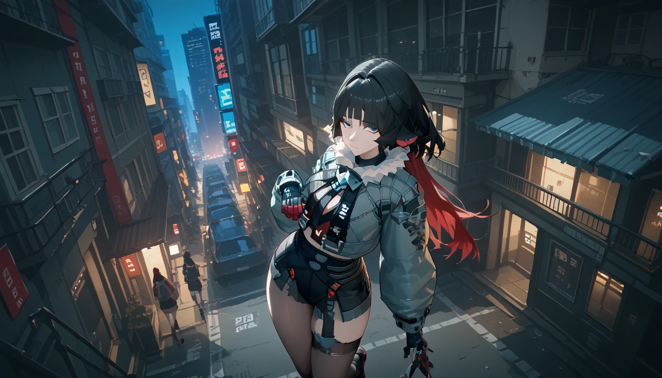 yanedoe- zzz, aqua eyes, long hair, black hair,  red hair ,  Animal ears,  looks at the viewer,  full length,  the body is completely 1.1.,  correct anatomy 1 .1., very sexy,  sexy pose, Above the building, I look at the city,  facing the viewer , night city, cyberpunk street, 