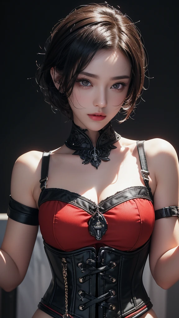 masterpiece, Highest quality, Very detailed, To the camera, Very detailed, Realistic, Sharp features, Very detailed, Sharp focus, Perfect Face, Perfect Face, Perfect symmetry and perfect eyes, Perfect Plump Lips, Flexible female form, cinematic, Film Light, Very detailedな, hyper Realistic, masterpiece, Atmospheric, High resolution, Vibrant, Dynamic Studio Lighting, ((Dark Background)), The facial expression when feeling happy, handcuffs, BDSM, slave, Rubber, Red Corset, Red collar, Browsing Caution, ((Highest quality, 8k, masterpiece: 1.3)), Sharp focus: 1.2, Beautiful woman with perfect figure: 1.4, Slim abs: 1.2, Wet body: 1.5, Very detailed face and skin texture, Detailed eyes, double eyelid, Very short hair,SM lady,M