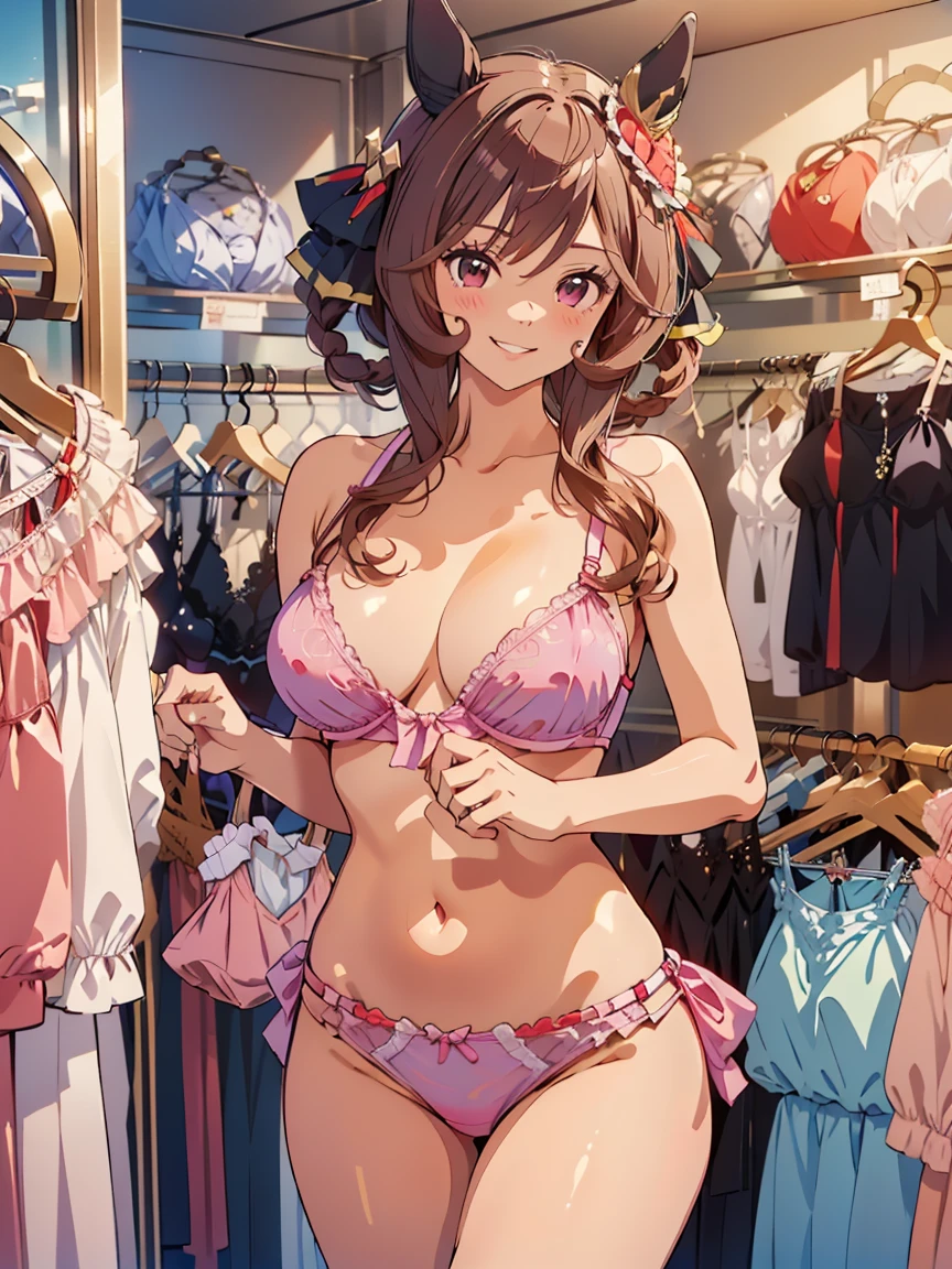 (masutepiece,Best Quality,ultra-detailliert, anime colored, Professional Writing), 1girl, 24 years old, fullnude, (round and large breasts1.3),(cleavage), A charming smile, ((one eye closed)), thin eyebrows, (detailed Gorgeous Embroidery bra with black and blue), (Detailed black and blue panties), (Hair Ribbon), bare shoulder, bare arms, ((stand)), looking at viewer, leaning forward, ((Spread one hand to the side)), ((One hand on the back)), (full body), Dutch angle shot, (solo focus, Depth of subject), ((((in pink Lingerie Shop, colorful Lingerie hanging on the shop)))), ((Very bright))