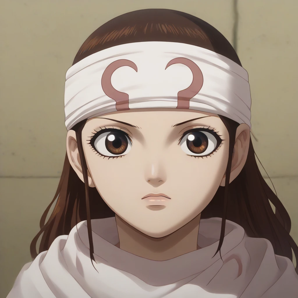 ((((((Yuzuriha Ogawa)))))) Fujifilm, UHD, masterpiece, textured skin, high details, best quality, highres, 8k, 16k score_9, score_8_up, score_7_up, kyoukai ((cowl)) (((bandana on forehead))) brown hair long hair brown eyes 