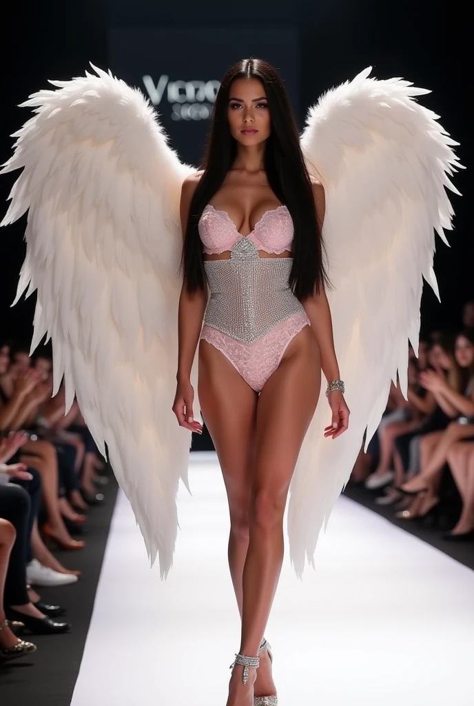Beautiful 20-year-old Indian supermodel at Victoria's Secret Show, 1 person, Smiling, Best Quality, Masterpiece, Slender body type, Detailed face, Skin radiance, high heels, angel wings, Knee boots or more, Diamond Good, s whole body, The last model pose, Runway, pale-skin, White skin, Sexy lingerie,