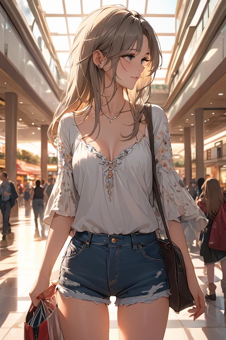 She's sexy with shorts and a neckline, she's beautiful, super detailed in a mall waiting for 6 in the afternoon to go to see an incredible sunset, and she's very detailed