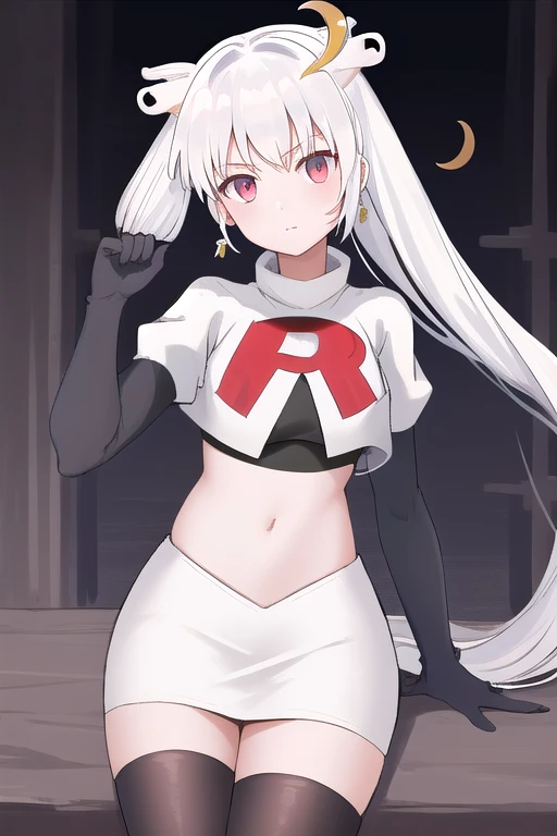 best quality, masterpiece, highres, solo, {iori_bluearchive:1.15}, long_hair, twintails, red_eyes, grey_hair, pointy_ears, hair_over_one_eye, dark_skin, dark-skinned_female, bangs, blush, halo, breasts, ribbon, hair_ribbon, very_long_hair, black_ribbon, medium_breasts, 1girl, team rocket,team rocket uniform,white skirt,red letter R,crop top,black thigh-highs,black elbow gloves