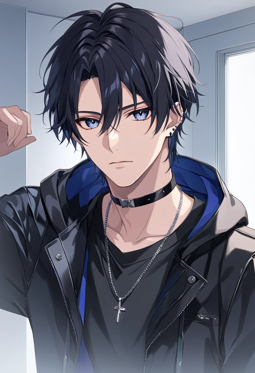 （extremely detailed CG:1.5）、（crisp quality:1.5）、 mature male 、alone、Beautiful Youth、（detailed facial depiction :1.3）、 dark eyes、cold eyes、 glossy black hair in a bright room、 Short Hair、black jacket、silver necklace 、living roon、looking at viewer、 face up to hairstyle