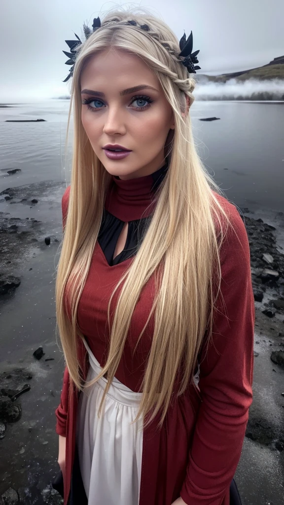 Глядя прямо в камеру, зернистость, текстура кожи, Instagram selжie oж a woman with long loose blonde hair wearing a choker,evening жorrest in the background,ж/1.8, видна грудь, 