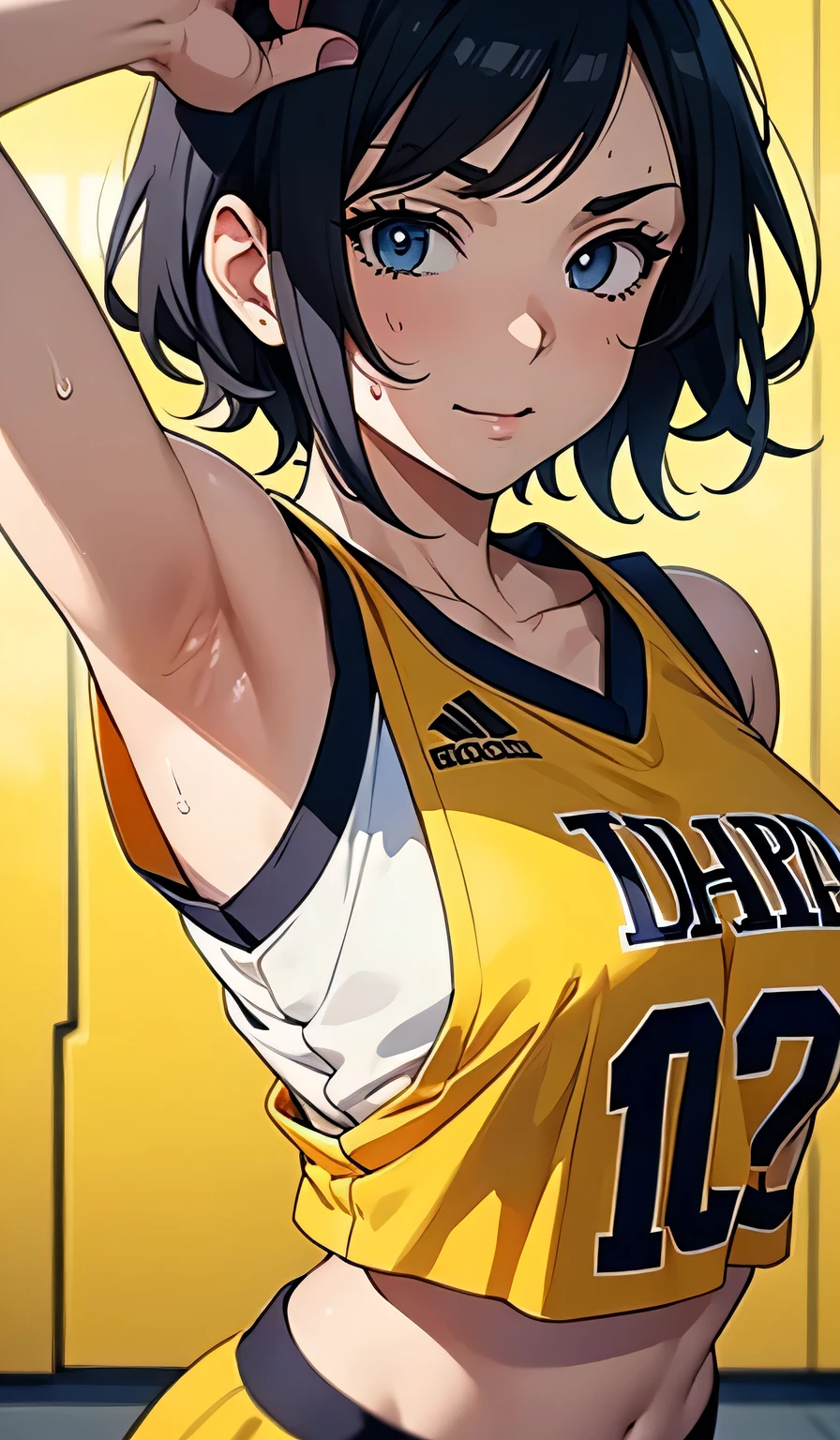 a close up of a person wearing a basketball uniform, a picture, inspired by Kentaro Miura, trending on pixiv, Kugisaki Nobara, Jujutsu Kaisen, wearing yellow nba jersey, yellow croptop nba jersey, wearing a low cut croptop, wearing croptop, croptop, golden raito, (winking), shirobako, large)}], favorite scene, fine details. anime. skins, sweating, big breasts, two hands up, armpits, armpits visible, dripping with sweat, more more sweat