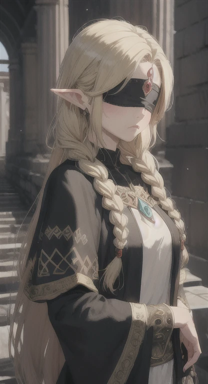 Ancient Hylian, Yggdrasil priestess, blind Hylia, blonde, blindfold, Devine braids, looking at viewer, long messy hair, ancient Hyrule, ancient priestess armor, temple,