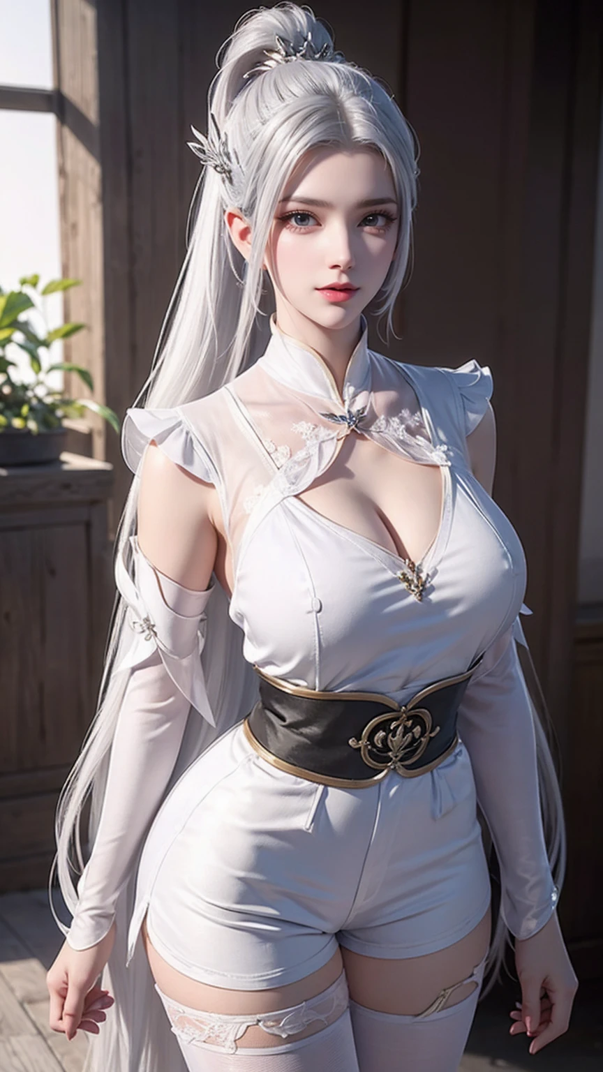 A white hair、Close-up of Miss wearing white mask, Beautiful character painting, Gu Weiss,   Gurwitz Style Artwork  , White-haired god, author：Yang Jie,  epically beautiful character art ,   Extremely fine CG8K wallpaper  , author：Fan Qi, by Wuzhun Shifan,  Pixiv Art Street Guweiz , Single ponytail, insult, High Ponytail,  tall and big, Long Legs, (Sleeveless lace shirt), ( shorts), (stripe )), ((stripe )), Walk, Elegant, dignified, Miss, Beautiful curves,  sweet smile , 细节感和层次感很强, color丰富绚丽,  has a unique texture ,  colorful, color, vivid, Design Art, 16K, Super Fine, {{illustration}}, { Extremely refined}, {Exquisite surface treatment}, Super Fine, Delicate and shining eyes, {{ movie lighting}}, Extreme Lighting Effects , Model:  realism , CFG size: 12, Laura: Bright texture (1.35),  high quality , masterpiece,   Exquisite facial features,  delicate hairstyle depicting , 详细描绘眼睛, masterpiece,  Best Quality ,  ray tracing,  Extremely detailed CG uniform 8K wallpaper , masterpiece,  Best Quality , ( 1 girl), Perfect Miss figure, (((Tight white T-shirt))),  beautiful eyes , ( delicate face),  Black Short Hair ,  tie up your hair , light blue hairpin, Black silk frame glasses, In the classroom, ( White Skin), (Optimal lighting), (  Super Intricate Details  ), 4K Unified, (Super Fine CG),  showing off her white legs , , Hot Pants,  shorts,
