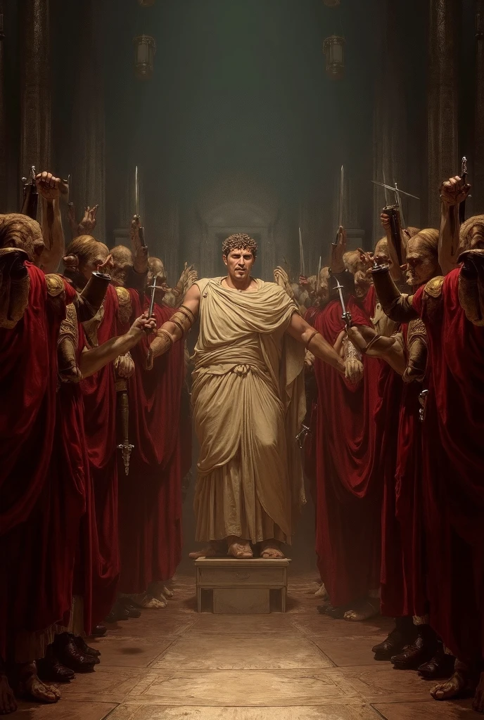 Can u design a cover page with Julius Caesar statue broken with blood and swords by conspirators