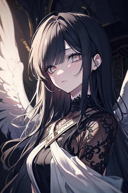 tmasterpiece，Portrait of an angel in prayer，Evil countenance，Three eyes，eye closeds，Black and white wings，A frame eroded by darkness and light