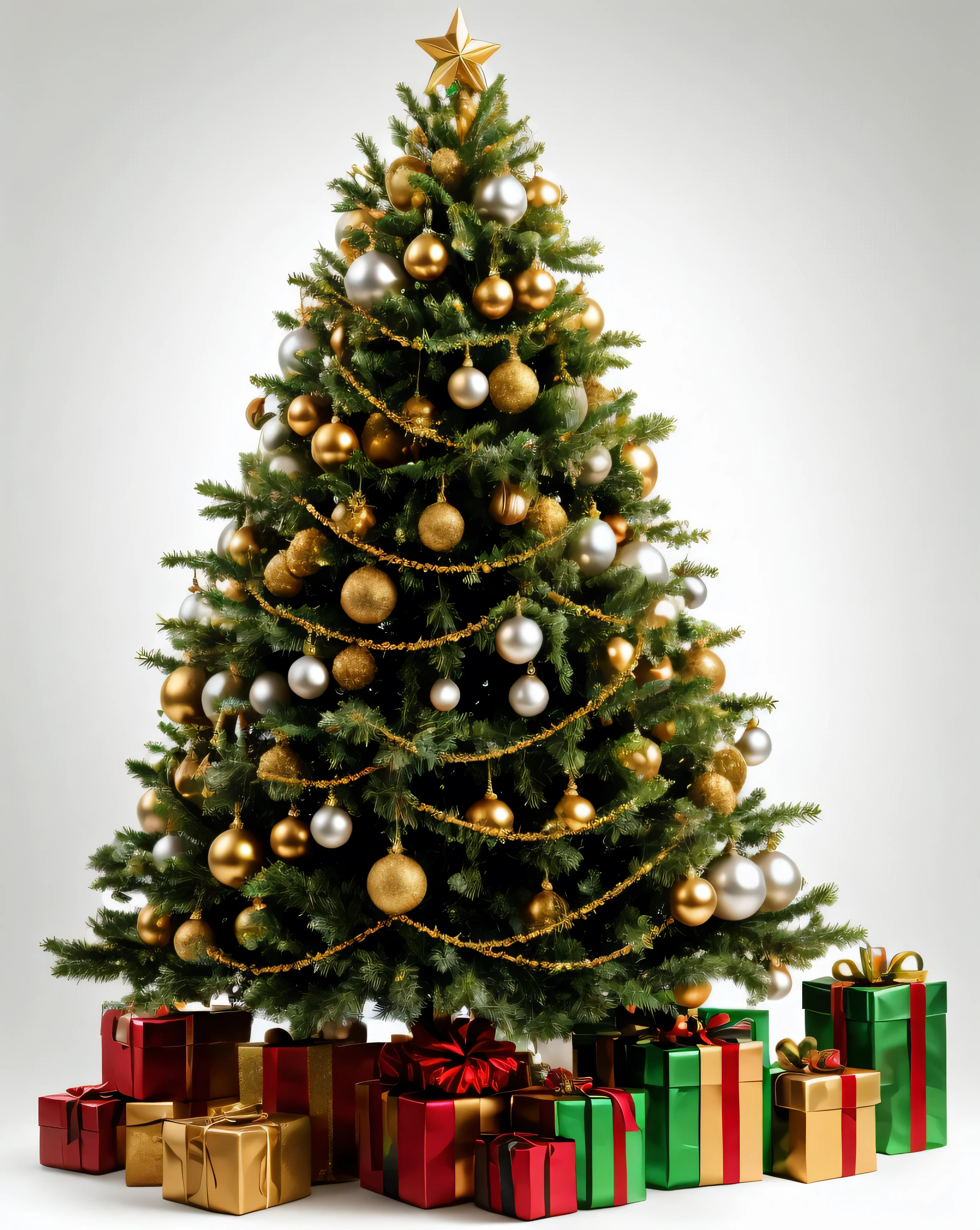 a Christmas tree with gifts around it, with many fine ornaments, realistic, highly decorated, detailed ornaments, on white background, front view