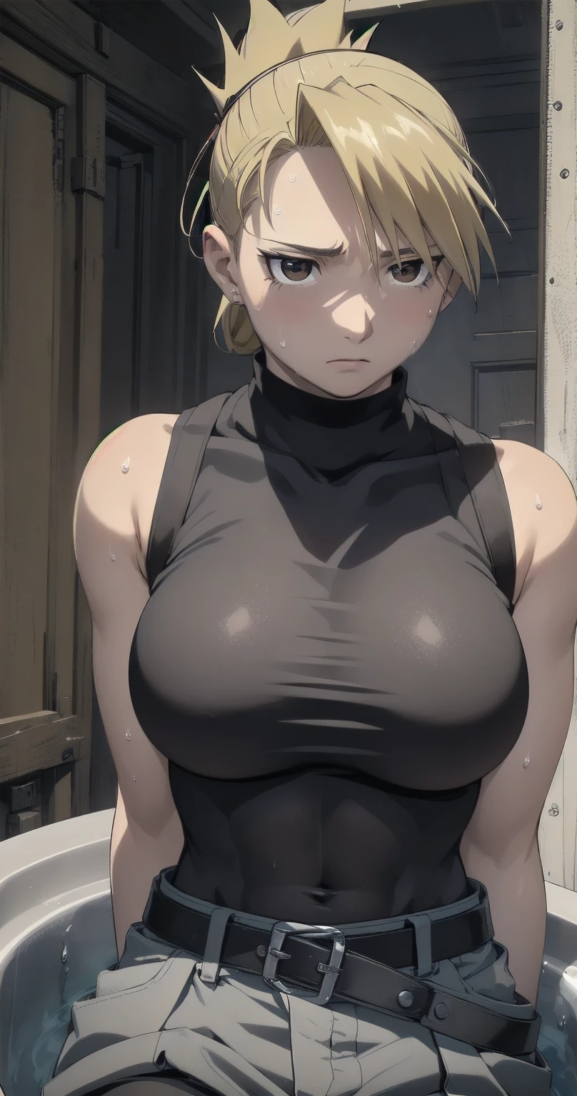 masterpiece,  top quality ,  high res,  One Girl , Hamriz,  ponytail,  brown eyes,big ,   black shirt ,   Tight Shirt  , , Short sleeve, belt,  covered navel , blue pants ,indoor、 upper body close-up、 muscular body flowing through a bowl、、sweat、Composition from the front、Anime、((( person highlighting gray、 big boobs in the tub、Exposing both sides、sweat、Expectations)))