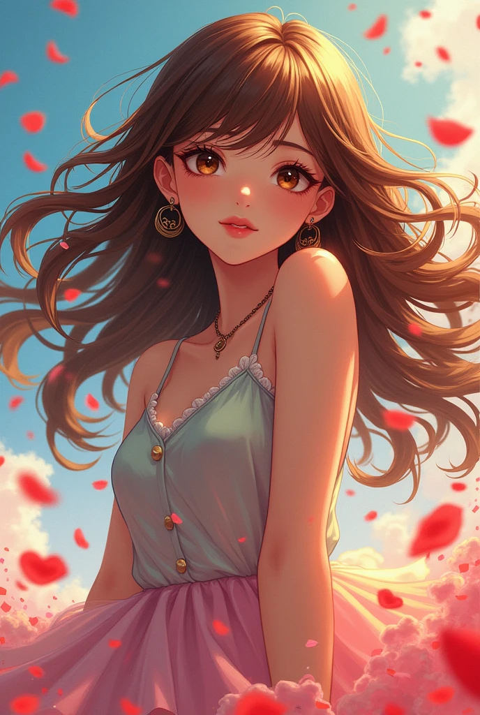 (  1 girl),  dynamic pose, whole body, 耳Nipple Ring,  fluffy dress, perfect face,  beautiful brown eyes,  pink lips, Long Chestnut Hair, hair blowing in the wind,  abstract background ,  petals,  brightly colored ,  Surrounding a woman ,  Manga Art ,  high image quality, masterpiece, 