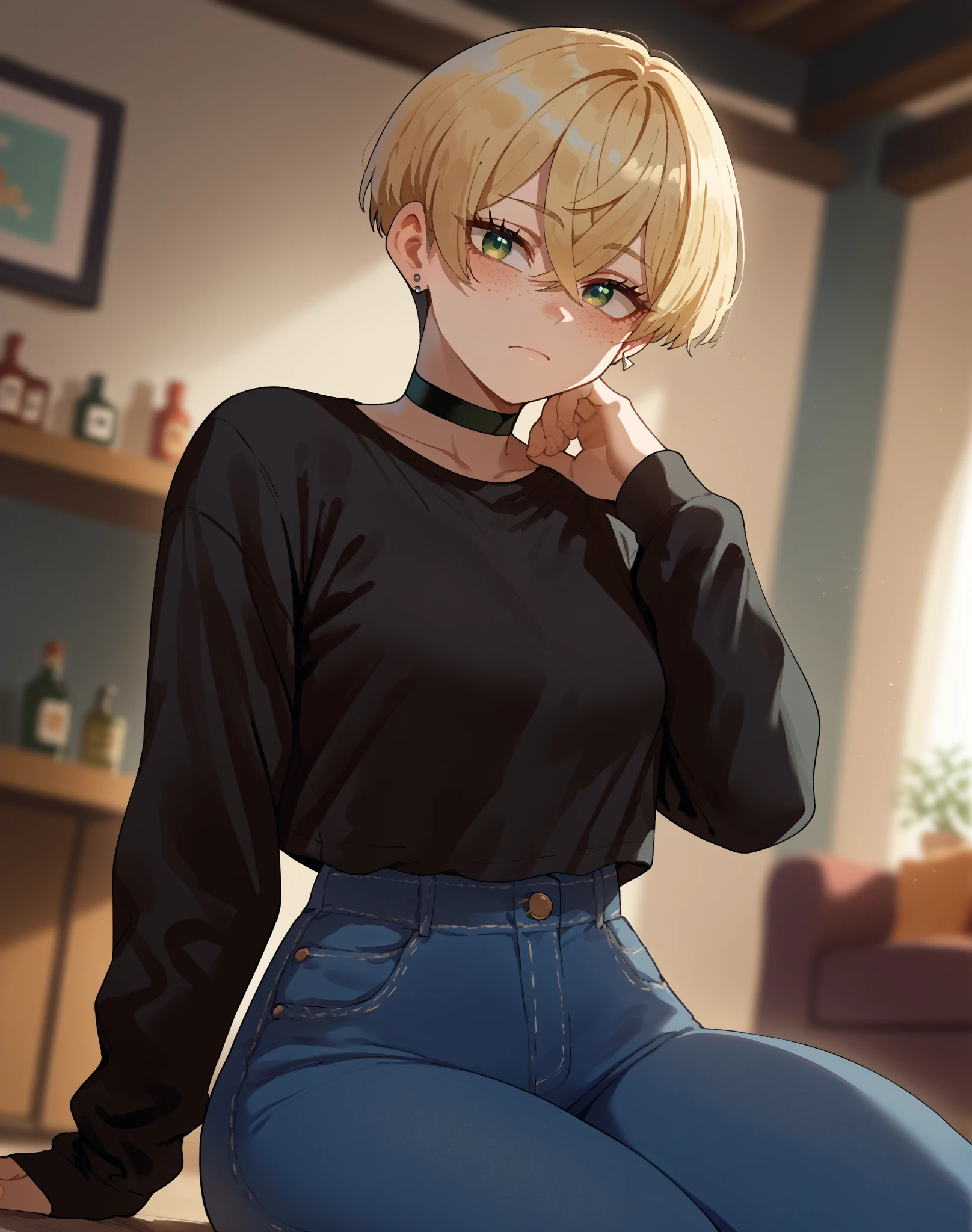 score_9, score_8_up, score_7_up, score_6_up, score_5_up, score_4_up, source_anime, rating_safe, nyantcha style, three quarter view, 1girl, teenager, green eyes, blonde hair, crossed bangs, short hair, pixie cut, freckles, big breasts, thick thighs, eyelashes, aegyo sal, hand on neck, stud earrings, black shirt, long sleeves, choker, denim pants, looking at viewer, stoic, indoors, blurry background, warm lighting, sitting, upper body, dutch angle
