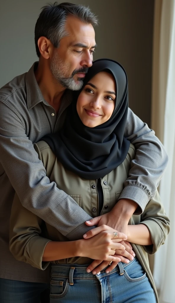 Drawing portrait of a serious 61-year-old man, Much older than the girl, and he is hugging that girl. The man has grey hair combed back in a pompadour style, and the sides are shaved, the length of his hair is short, tough body, and has a beard. He wears a black t-shirt and jeans. The girl is smiling and funny and wears black blouse. She has chocolate eyes, fair skin, wear hijab, and is short.