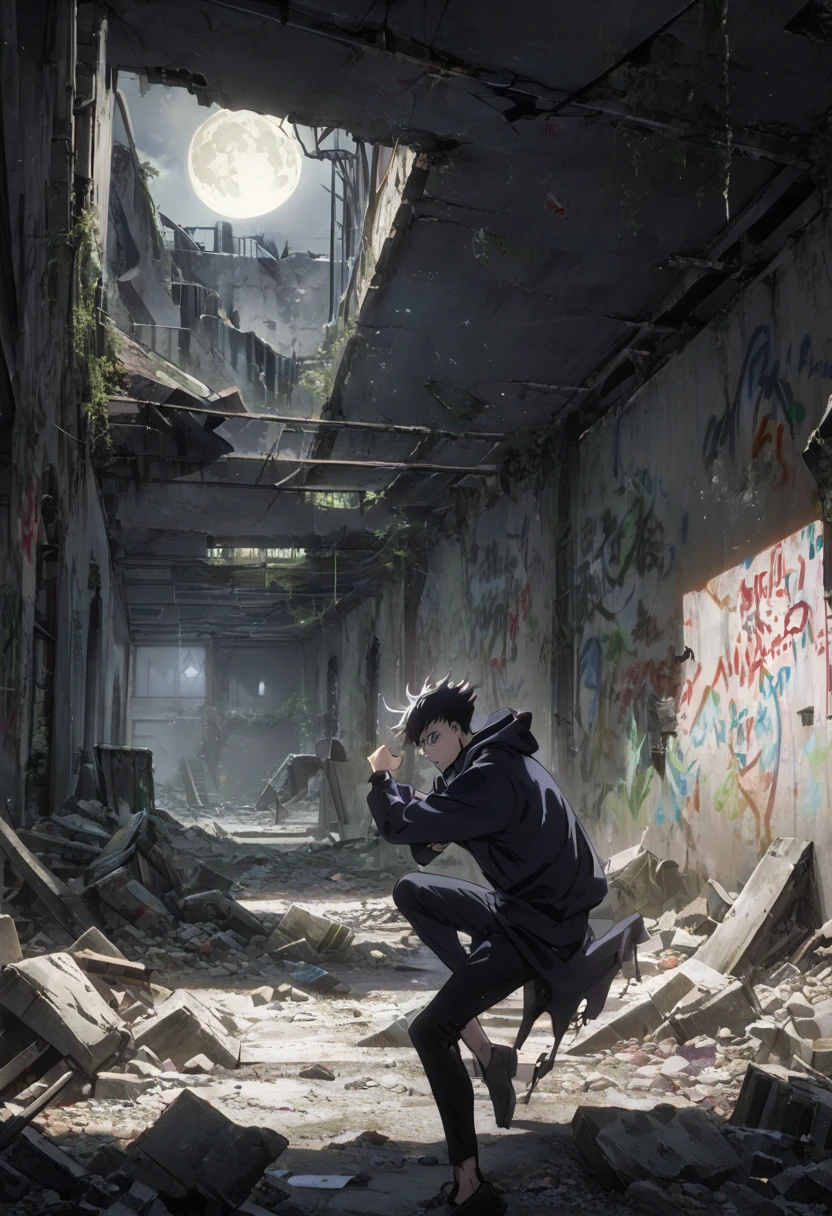 ((jujutsu kaisen art style, abandoned place,  rubble , Destruction, destroyed buildings graffiti on the walls:1.5)), ((Tattered clothing with hoodie, dynamic pose, epic:1.6)), ((dark background,  full moon night :1.4)), ( masterpiece),( best quality:1.4), (ultra high resolution:1.4), detailed painting, (((dark colors, intricate:1.5) ), ((  best quality, vibrant, 32k, well-defined lights and shadows without text:1.3).