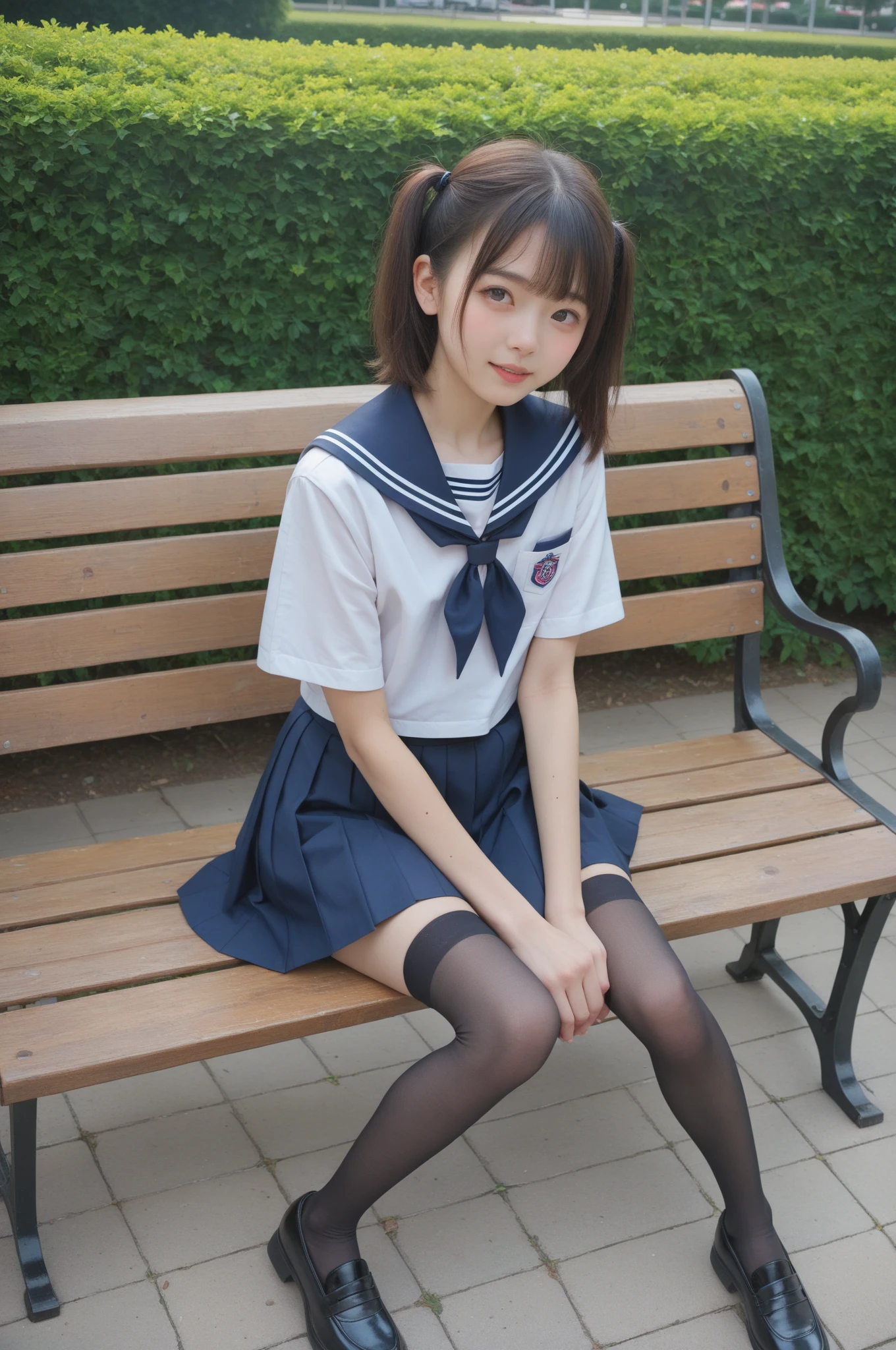   sailor suit ,***************************, cute girl,masterpiece,4K,8k,16k,  black stockings,  sit on a park bench , is short