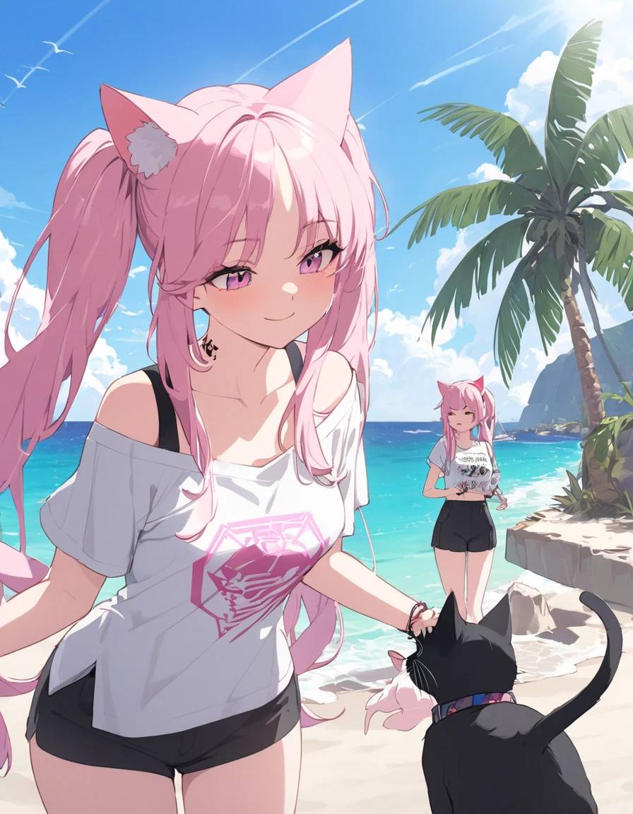 1girl, pink hair, yellow eyes, with cat ears, cat tail, wearing a plain white T-shirt, denim shorts, all wet, at beach, golden sunlight, 8k, looking at viewer