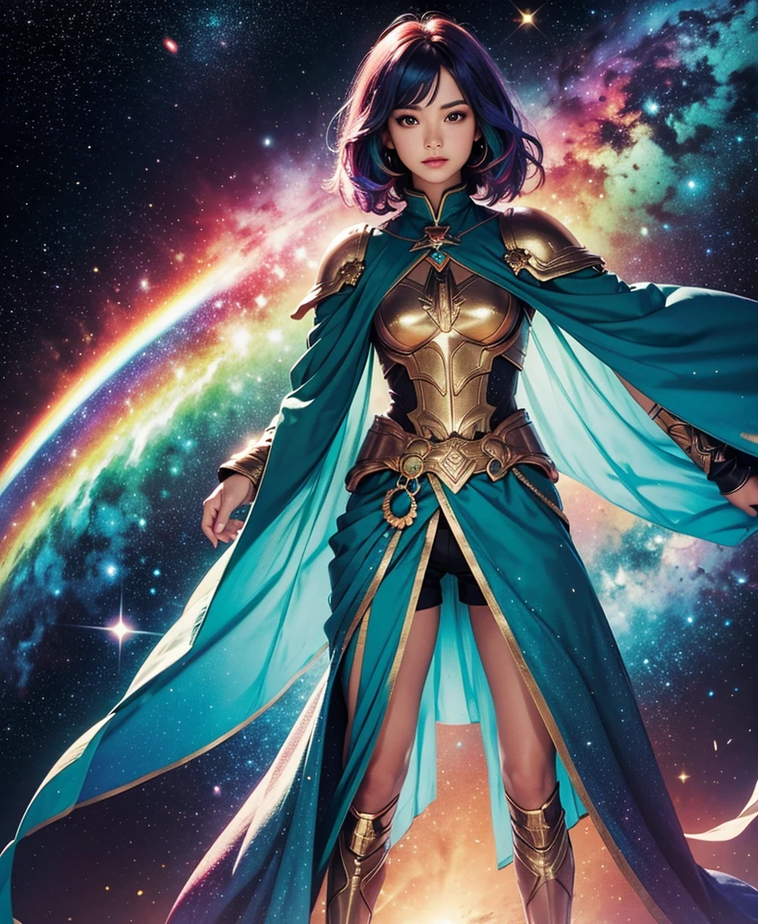 women with rainbow colored hair and teal detailed armor, standing, rainbow colorful cosmic nebula background, estrelas, galaxies, detalhes intrincados, rosto perfeito