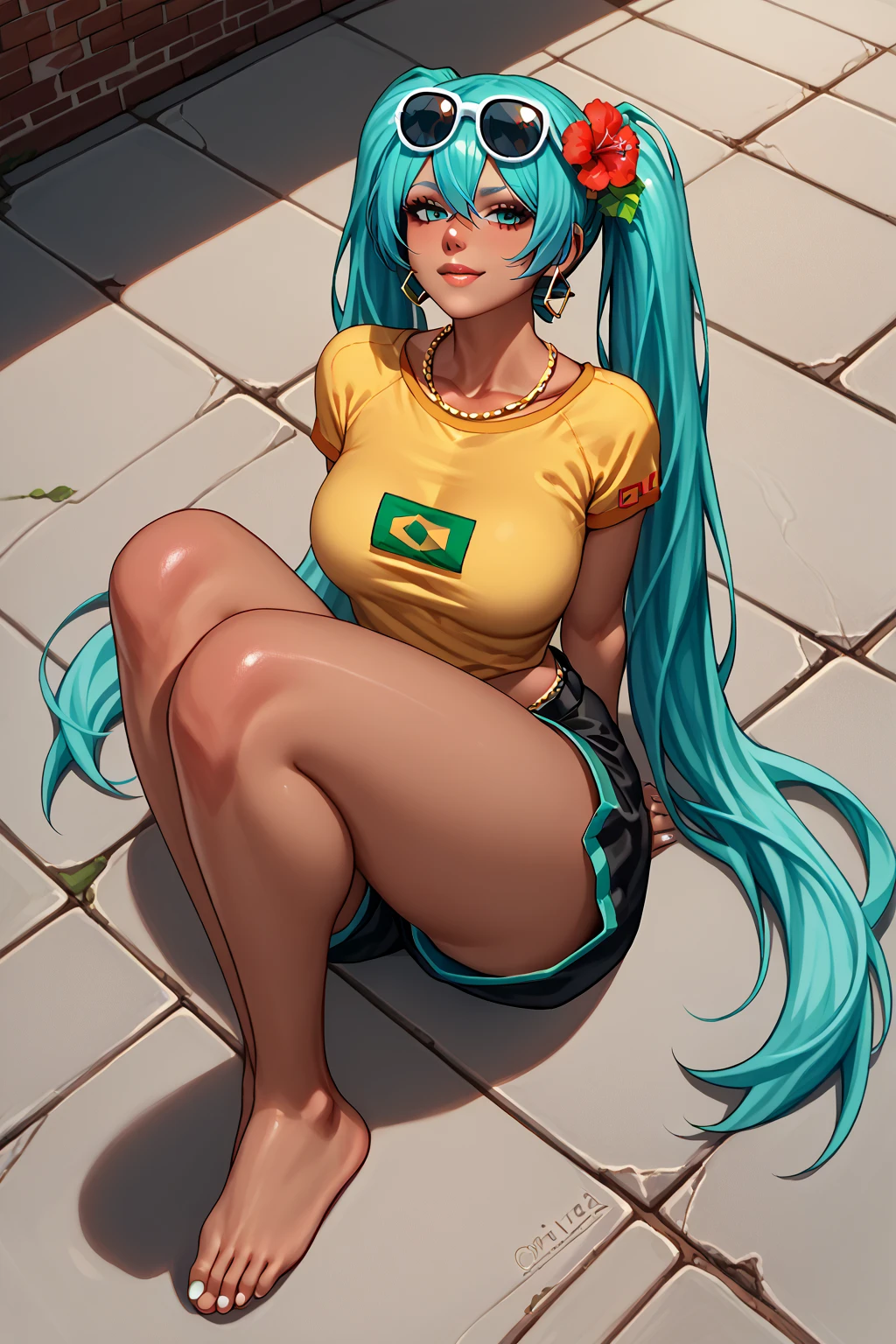 score_9, score_8_above, score_7_above, score_6_above, score_5_above, score_4_above,  masterpiece ,  high quality, to break,  full body , to break, 1 ,  aqua hair,  Sunglasses on the head , flower in hair,  yellow shirt , Brazilian flag on the , shorts de ganga,  short shorts , tanned, 1 , Hatsune Miku,  sexy semi-naked face of a naughty footjob cumming on her feet with white fingernails painted white and big ass hot naughty