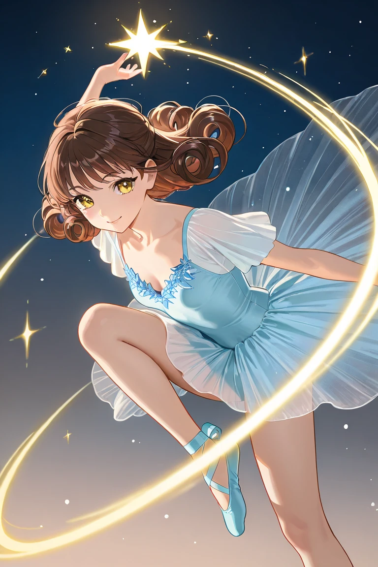 Hannah normally has dark brown wavy hair, She wears a dark purple tank top with silver star decorations on it, a pink tutu, white tights, and pink ballet shoes. SPARKLE; GLITTER