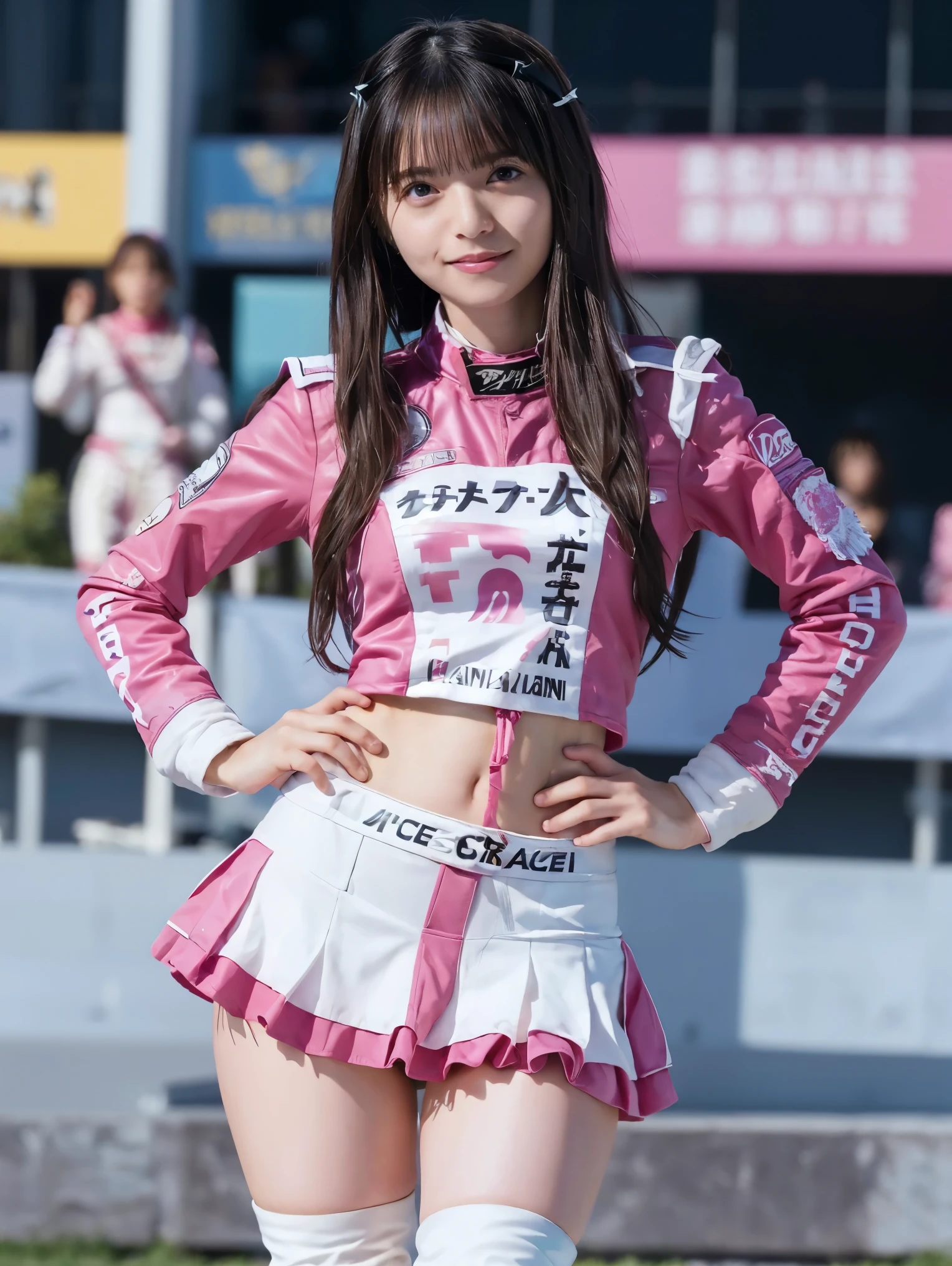 (masterpiece,  top quality ,  top quality ,  Official Art,  beautiful、 beautiful:1.2), ,(RAW 写真 top quality :1.1),( One Girl ), ( fractal art :1.2), absurd,  high res,  very detailed, Ultra-precision performance, Alone, Floating Hair,  glowing skin ,Asymmetrical Berry Short, (:1.2), perfect body, slender body , miniskirt,Thighs, Standing with hands on hips, smiley smile , Show Viewers , ( race queen:1.6),,Nogizaka46,